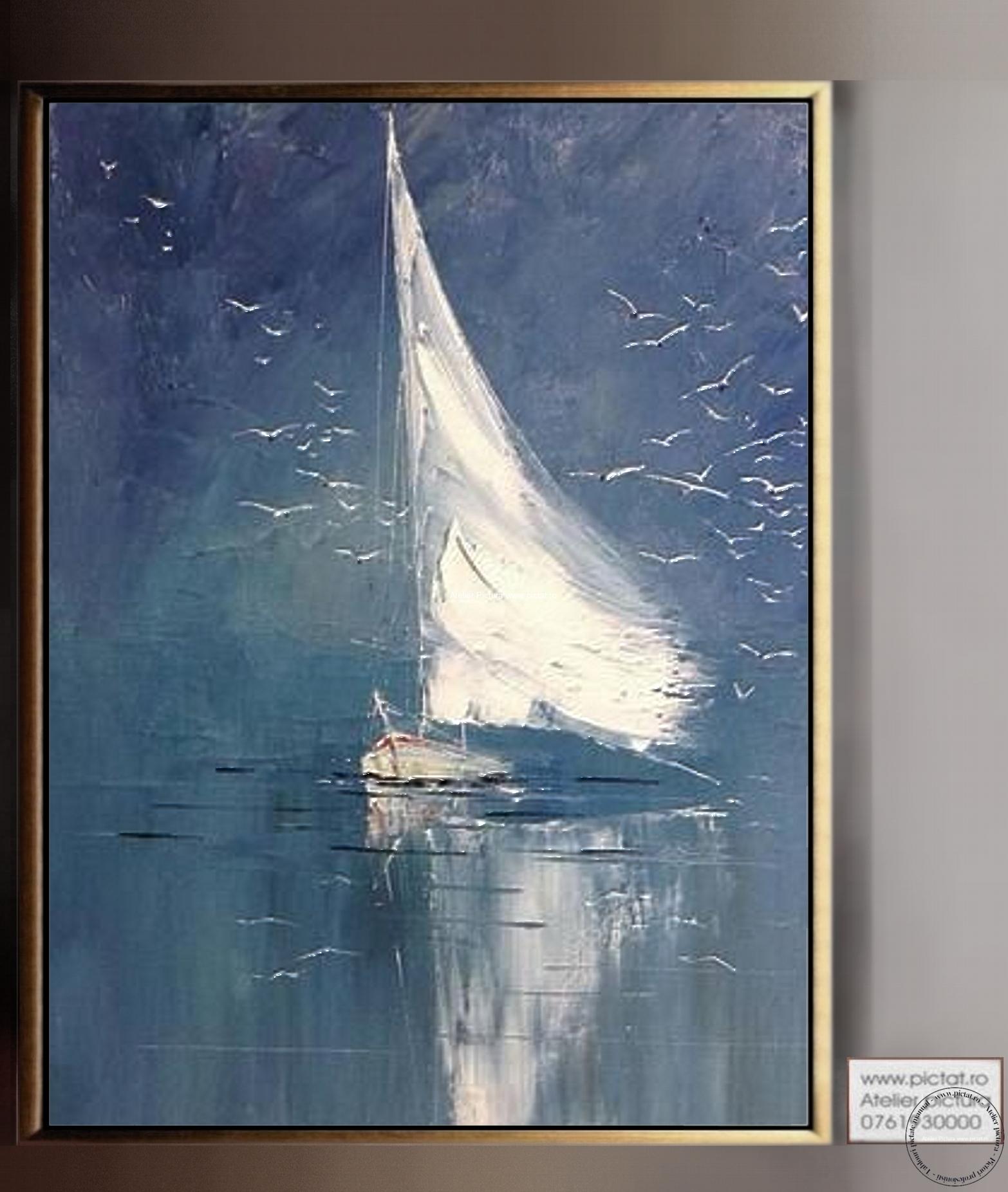 Tablouri pictate manual, Tablou peisaj marin, tablou cu pescarusi, tablou abstract albastru, tablou pictat in cutit, tablouri living, tablouri moderne.