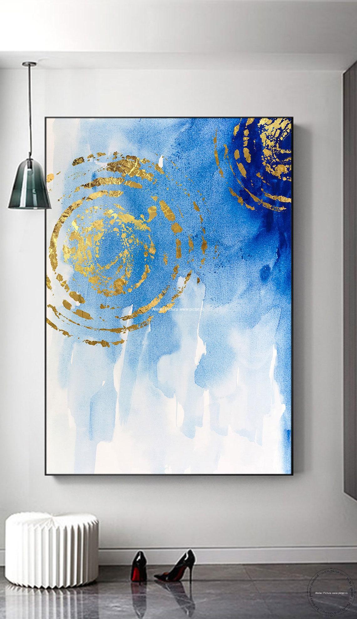 Tablou pictat manual Cercuri aurii, Tablou abstract modern, foita de aur