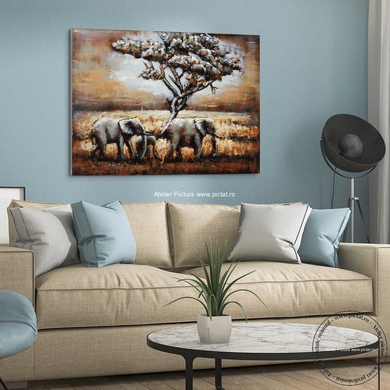 Tablou pictat manual Elefanti in savana Tablou modelaj lut, pictura in cutit efect 3D, Tablou dimensiuni mari, tablou dimensiune mare, Idei cadouri, Tablou abstract modern.