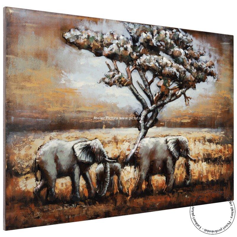 Tablou pictat manual Elefanti in savana Tablou modelaj lut, pictura in cutit efect 3D, Tablou dimensiuni mari, tablou 23qwd