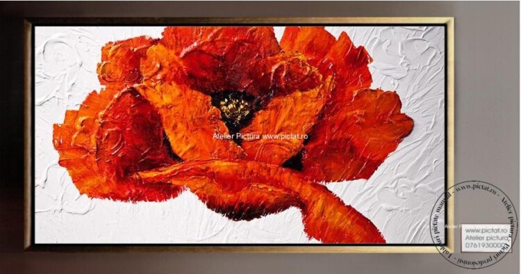 Tablou pictat manual Floare de Mac, Tablou abstract, pictura in cutit 3D