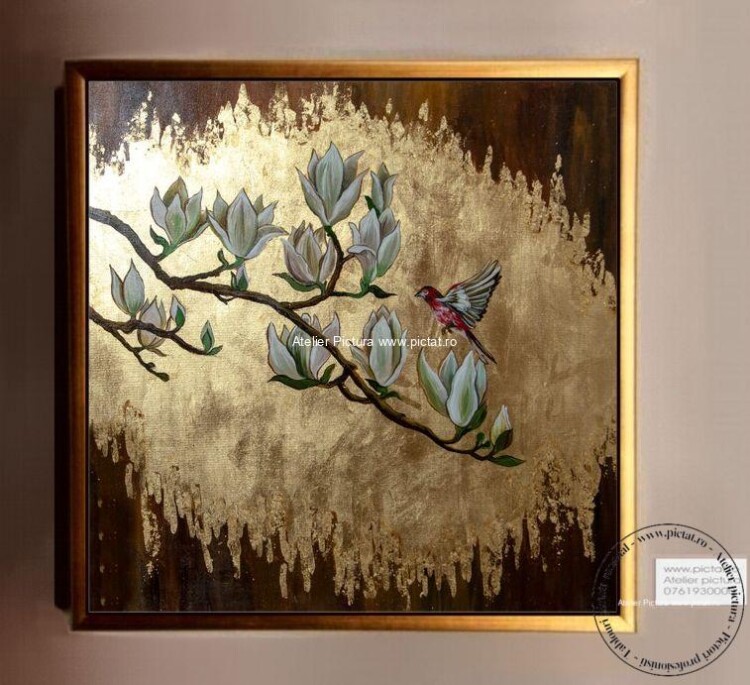 Tablou pictat manual Flori de magnolie, Tablou abstract cu foita de aur