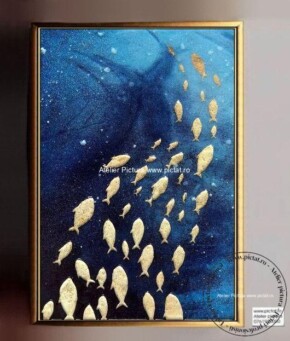 Tablouri pictate manual, Tablou abstract modern pesti aurii, peisaje marine