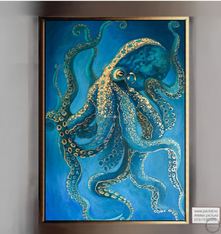 Tablou pictat manual Octopus, tablou abstract modern, peisaj marin