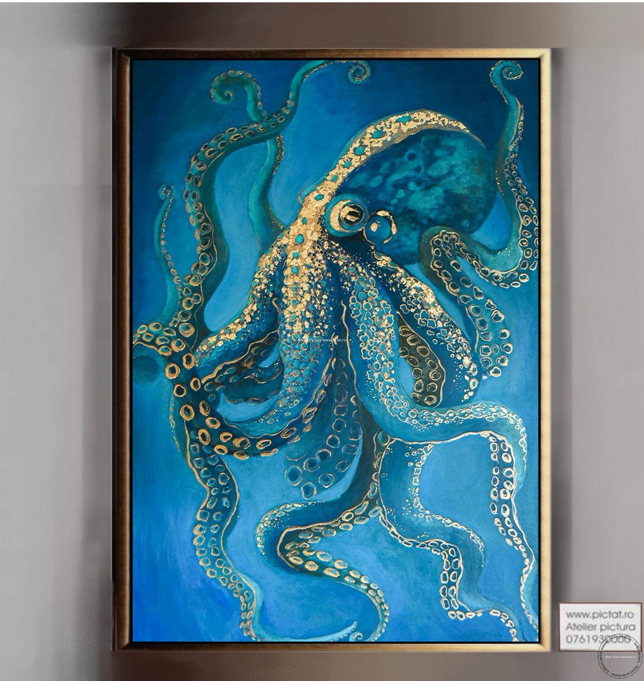 Tablou pictat manual Octopus, tablou abstract modern, peisaj marin