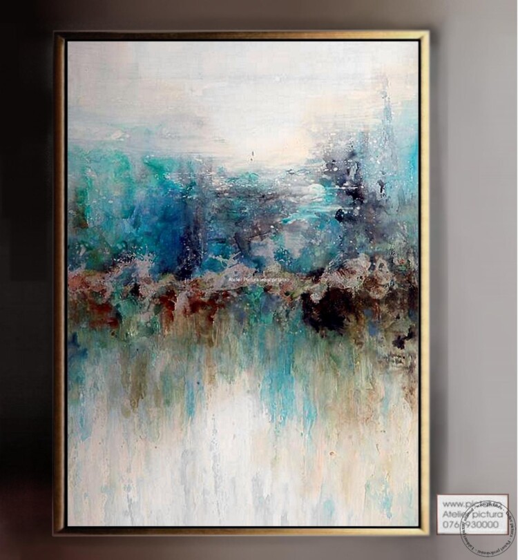 Tablouri pictate manual, Peisaj abstract placat cu foita de aur, pictura in cutit