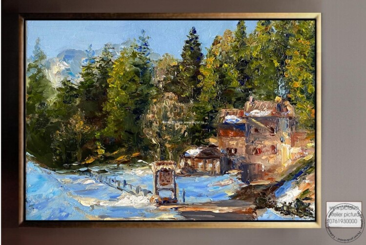 Peisaj cabana in padure, Tablou pictat in cutit, tablou cabana la munte (1)2