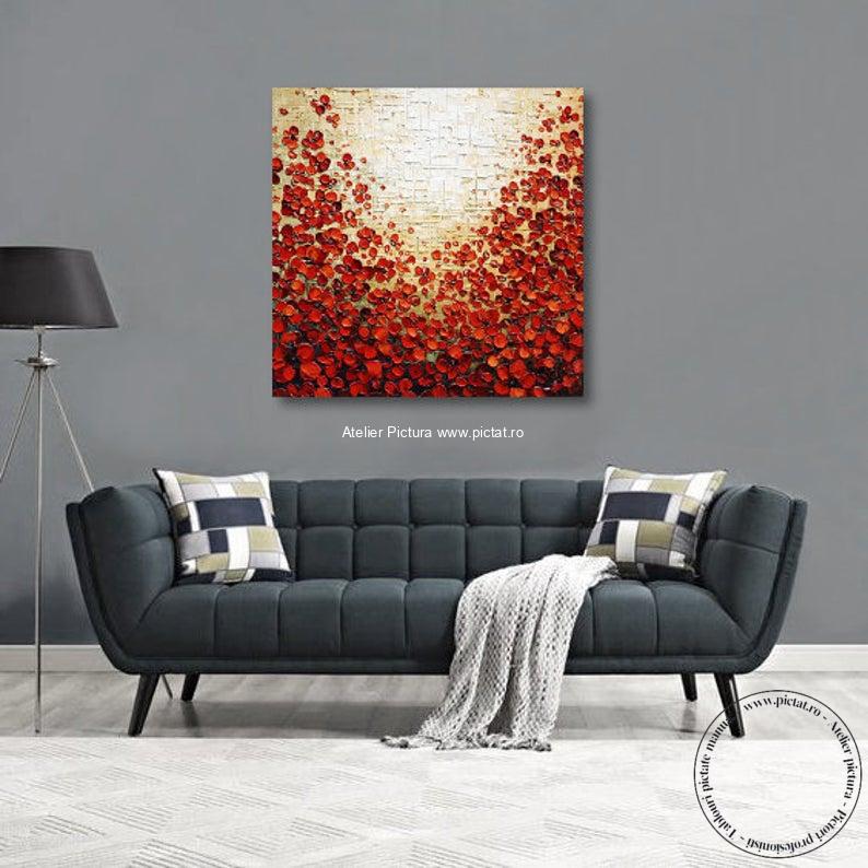 Tablou pictat manual in cutit impasto, Flori rosii de primavara - imagine 4