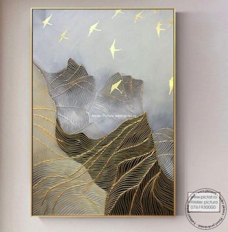Tablouri pictate manual, Tablou peisaj montan abstract Tablou filigran auriu