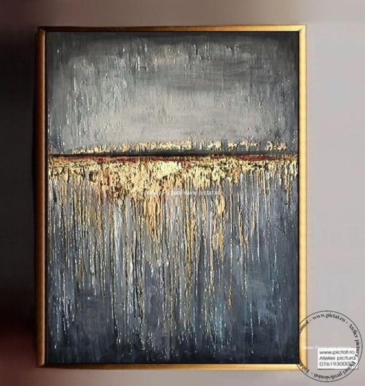 Pictura abstracta, Tablou modern Gri alb auriu, Tablou abstract, Cadouri de lux, Cadouri unice, Cadouri originale, Cadouri inedite, Tablou auriu