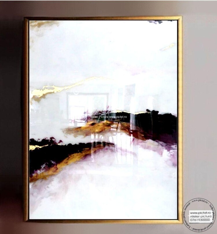 Pictura abstracta Decor Marmura mov cu filon de aur, rasina epoxidica