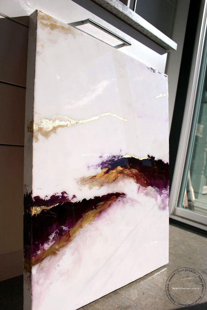Pictura abstracta Decor Marmura mov cu filon de aur, rasina epoxidica