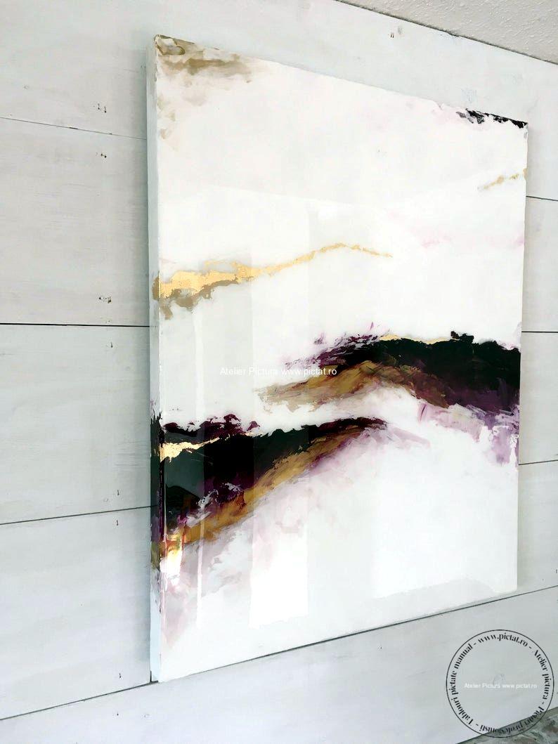 Pictura abstracta Decor Marmura mov cu filon de aur, rasina epoxidica