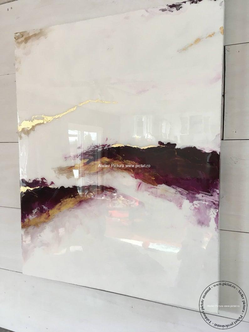 Pictura abstracta Decor Marmura mov cu filon de aur, rasina epoxidica