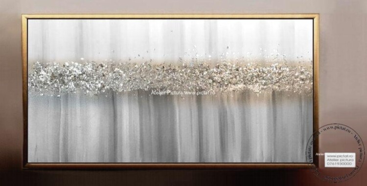 Tablou pictat manual Pictura gri abstract decorativa cu foita de argint