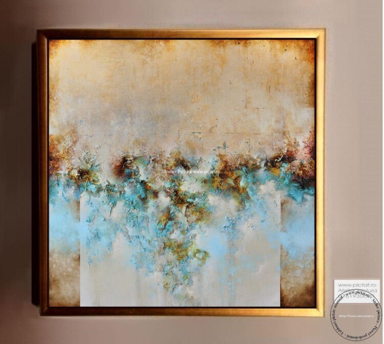 Tablou pictat manual Pictura abstracta somon blue bronz Tablou modern