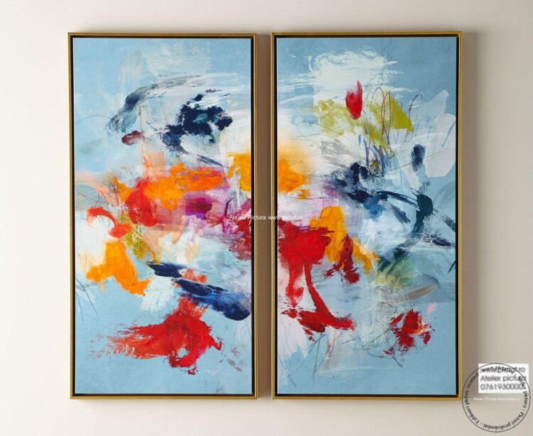 Tablou pictat manual Set tablou abstract, pete de culori, Veselie Colorata