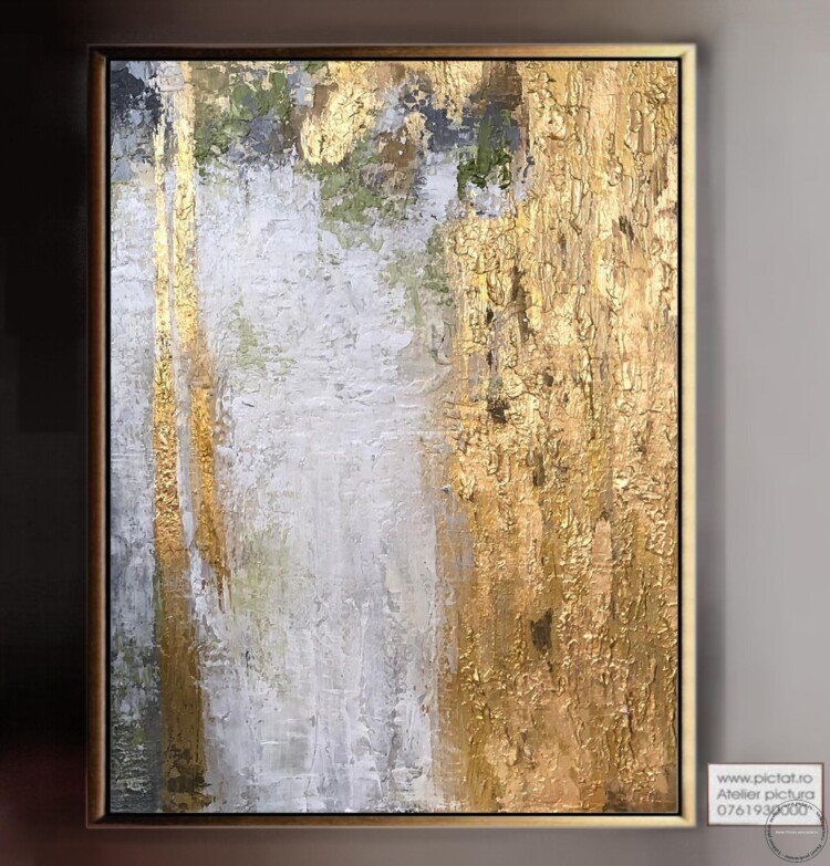 Tablou abstract, Tablou alb auriu Bronz, tablou birou, tablou hol, tablou sufragerie, tablou living, tablou pictura in cutit, Tablou placat foita aur