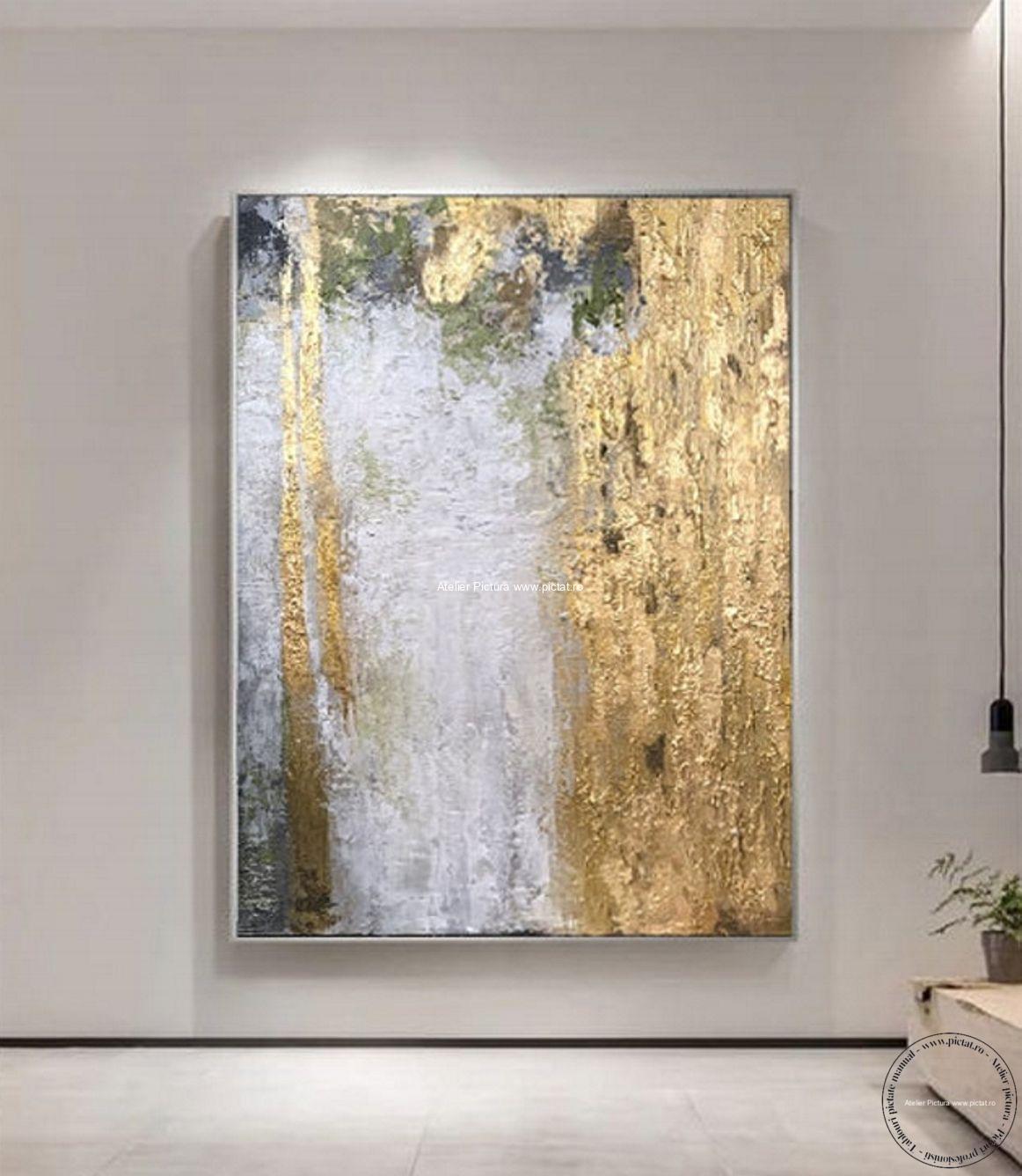 Tablouri pictate manual, Tablou abstract, Tablou alb auriu Bronz placat foita aur - imagine 2