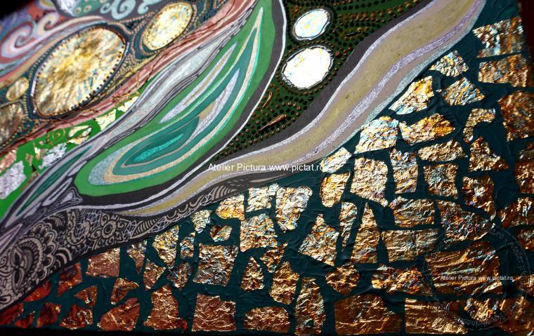 Tablouri pictate manual, Tablou abstract modern foita aur Gustav Klimt - imagine 4