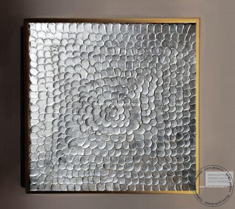 Idei cadouri, tablou abstract modern, Tablouri abstracte,tablouri moderne Pictura abstracta tablou metalic argintiu, tablou pictat in cutit