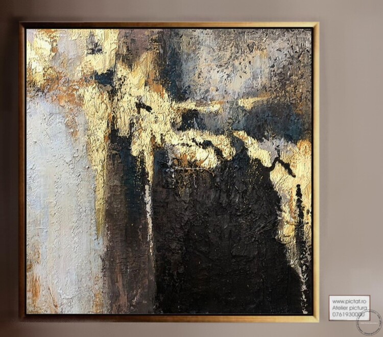 Tablou Alb auriu Bronz Negru tablou abstract auriu, tablouri aurii, tablou foita aur, tablou in relief efect 3D, tablouri living, tablouri moderne