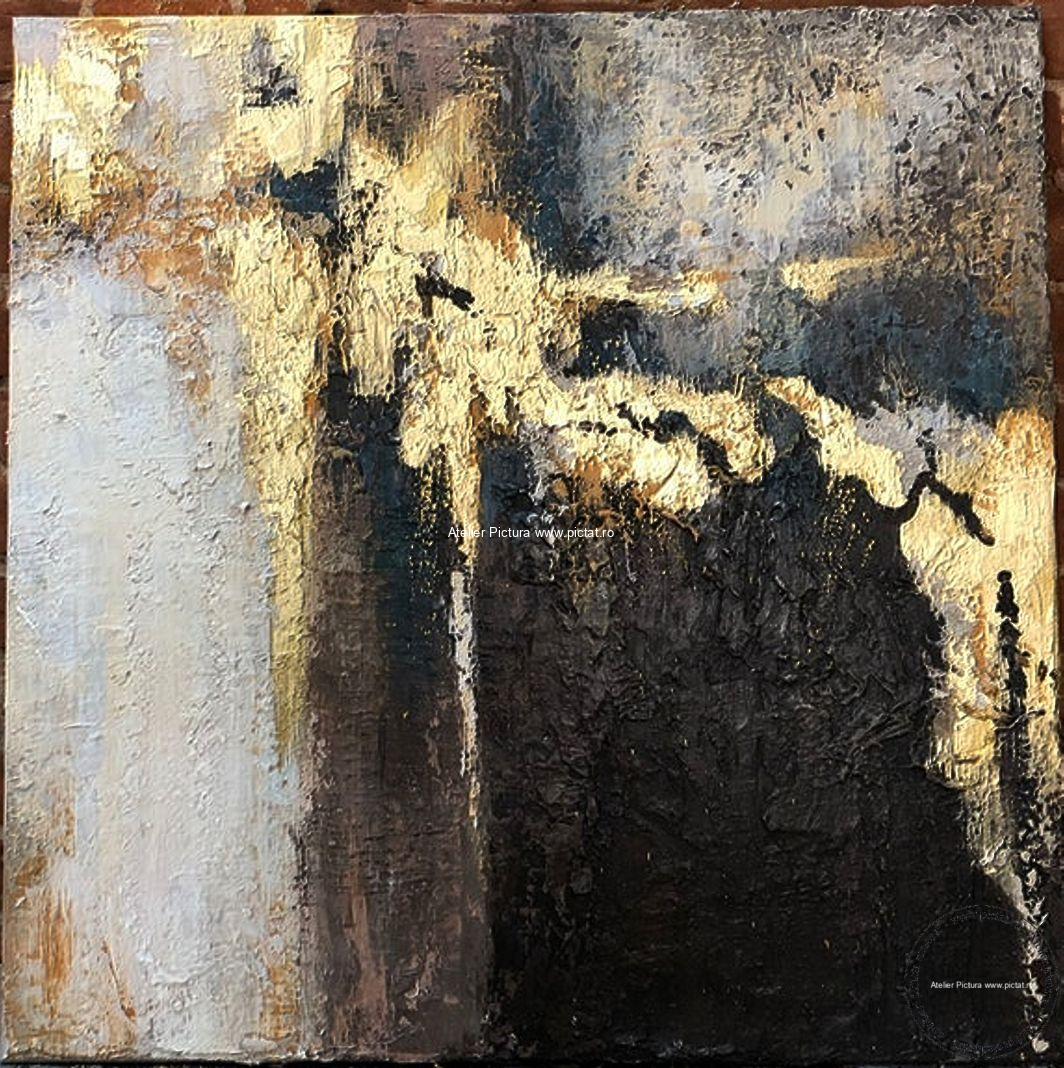 Tablou Alb auriu Bronz Negru tablou abstract auriu, tablouri aurii, tablou foita aur, tablou in relief efect 3D, tablouri living, tablouri moderne