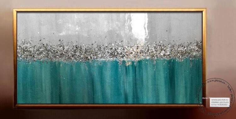Tablou pictat manual Aqua blue, Pictura abstracta cu foita de argint