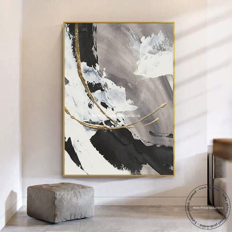 Tablouri pictate manual Picturi abstracte alb negru, tablouri alb negre, tablou dimensiuni mari, tablou dimensiune mare, Idei cadouri, tablou abstract modern 3D - imagine 2