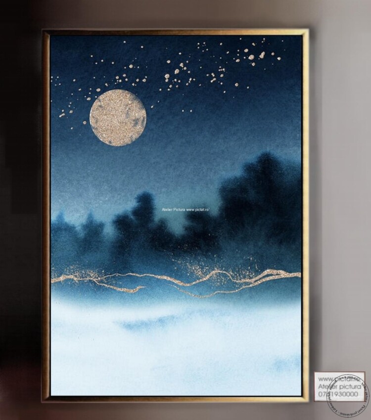 Tablouri pictate manual, Tablou abstract, Peisaj nocturn cu luna plina, Foita de aur