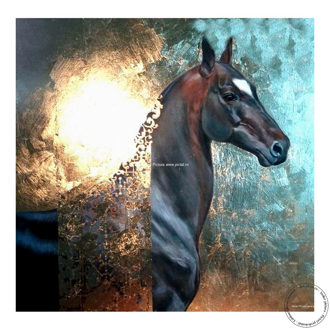 Tablou pictat manual Tablou abstract, Tablou cal, armasar, tablou foita aur