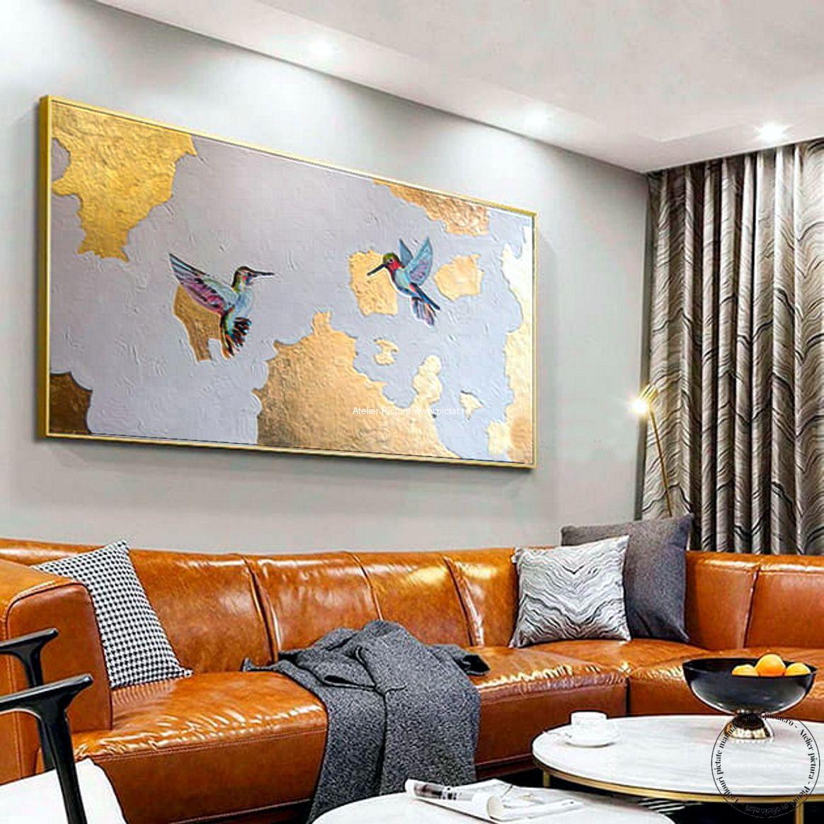 Tablouri pictate manual, Tablou abstract pasari exotice si foita de aur, Tablou decorativ, Tablou dimensiuni mari, Tablou modern