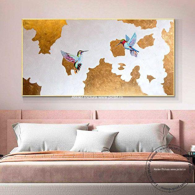 Tablouri pictate manual, Tablou abstract pasari exotice si foita de aur, Tablou decorativ, Tablou dimensiuni mari, Tablou modern