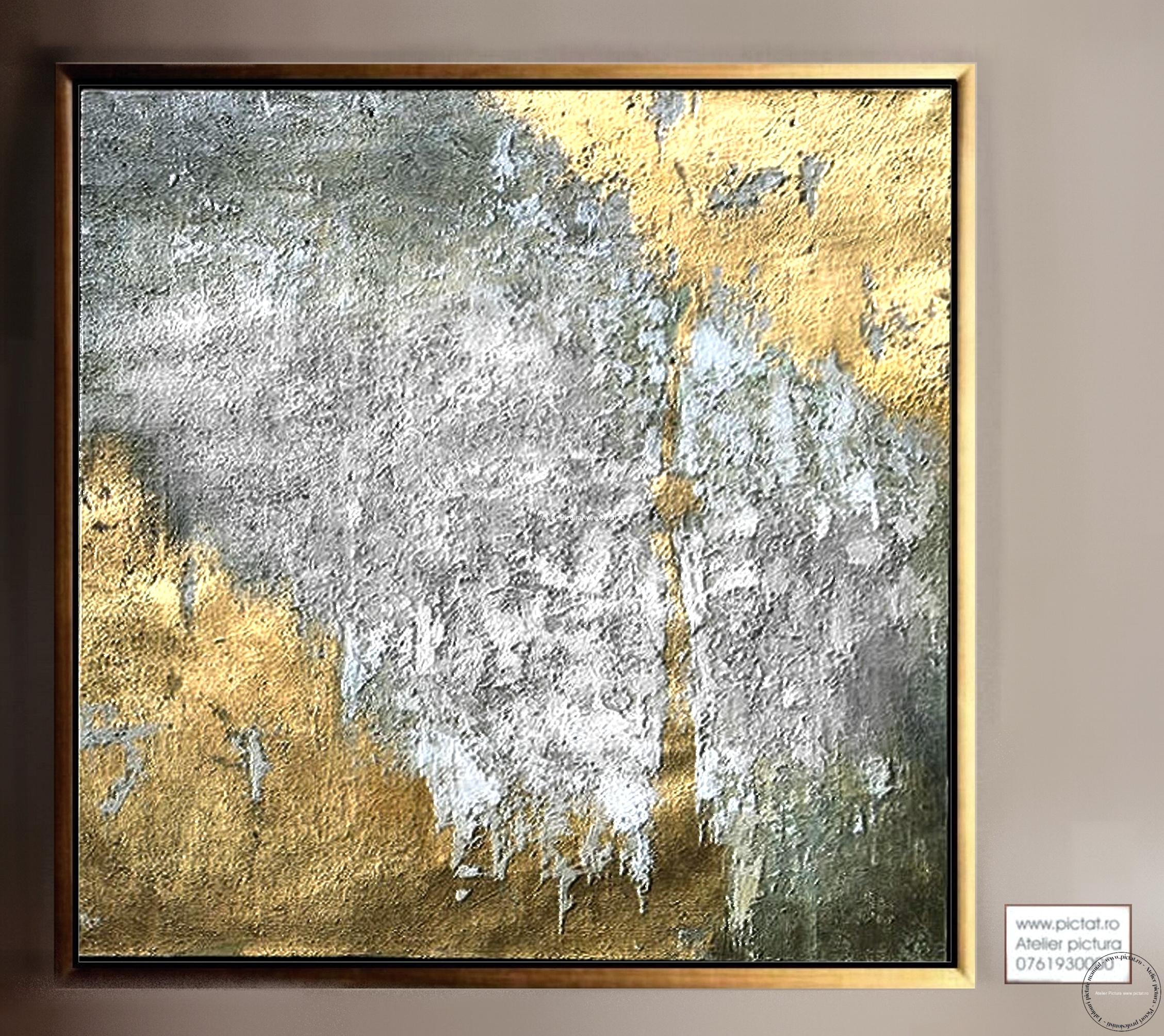 Tablou abstract auriu, tablouri sufragerie moderne, tablou sufragerie auriu, tablou birou, tablou 3D, tablou pictat in cutit, Idei cadouri