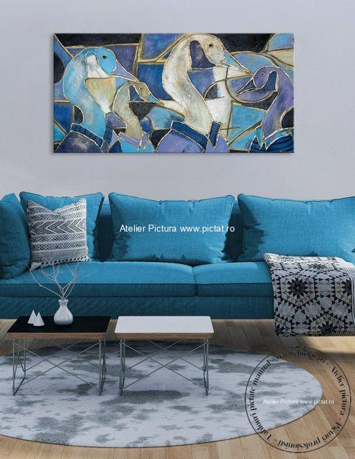 Tablou abstract cu pasari, filigran auriu, pictura efect 3d vitraliu