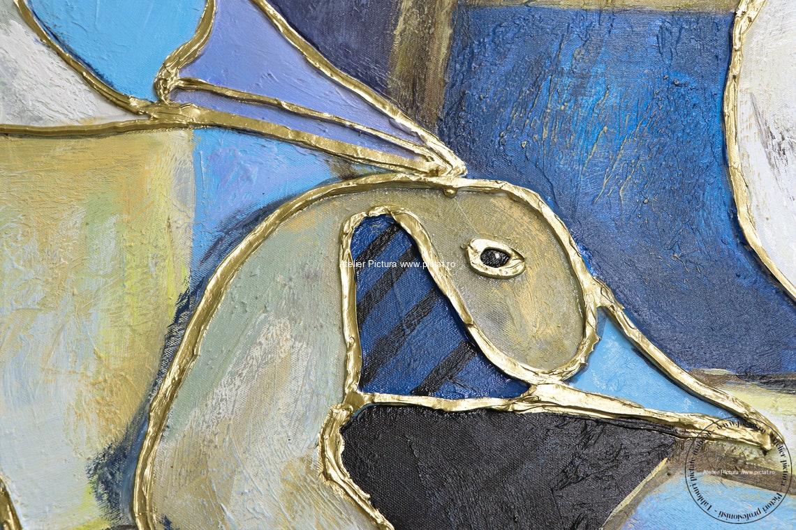 Tablou abstract cu pasari, filigran auriu, pictura efect 3d vitraliu