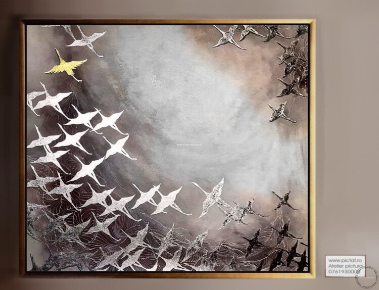 Tablou abstract modern Pictura cu foita de argint, Lebede calatoare