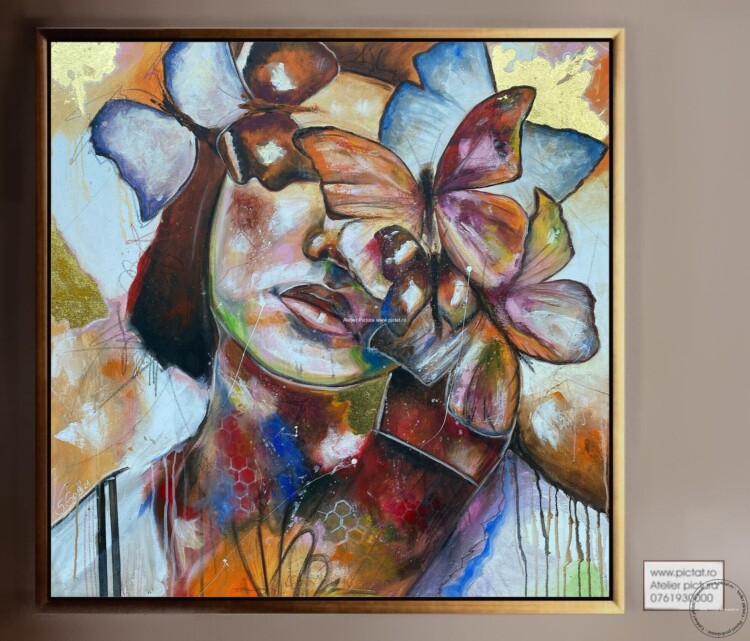 Tablou pictat manual Tablou abstract modern, Portret femeie, Pictura cu fluturi