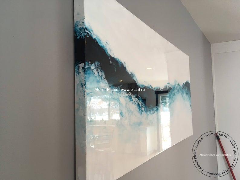 Tablou pictat manual Tablou abstract modern, Unde, Tablou epoxidica