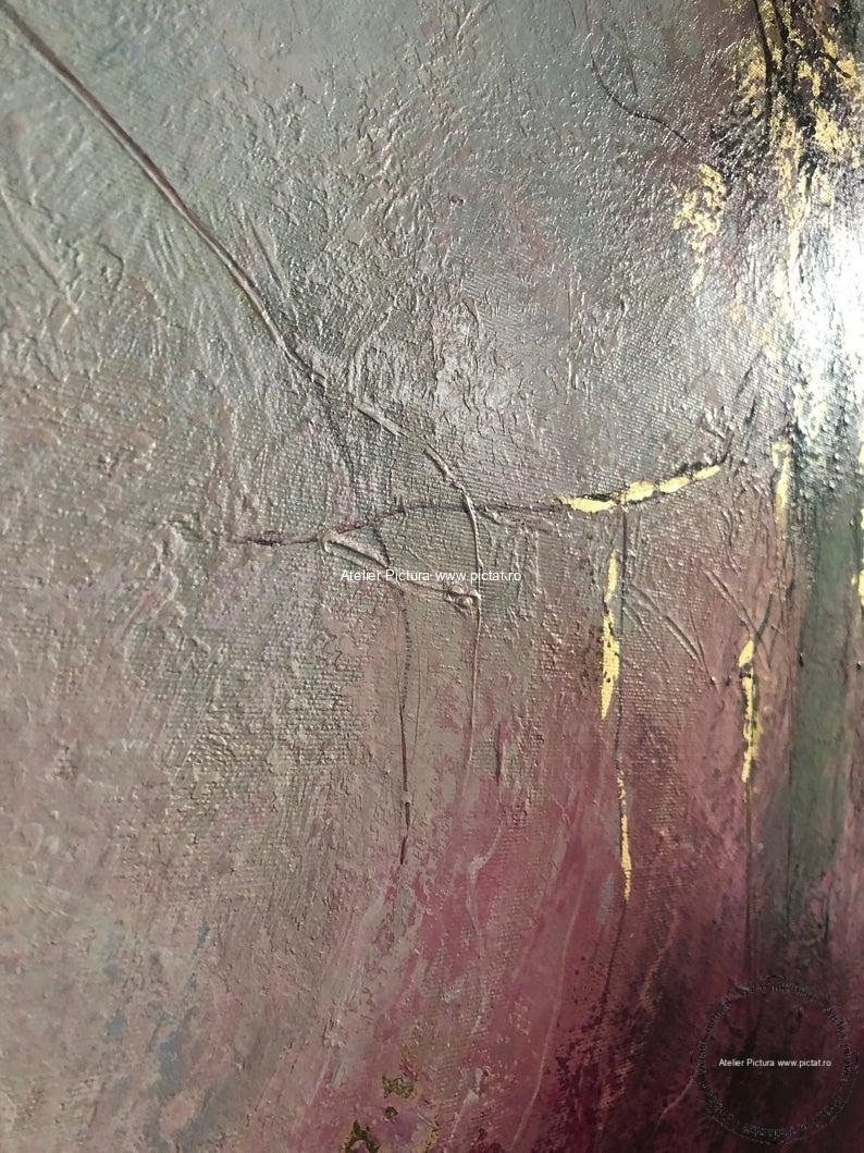 Tablou abstract, peisaj de primavara, ramuri aurii, filigran