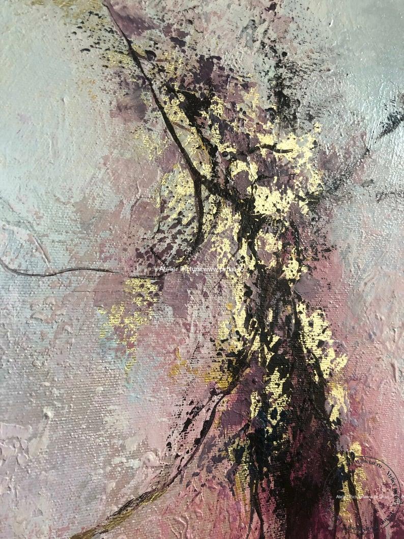 Tablou abstract, peisaj de primavara, ramuri aurii, filigran