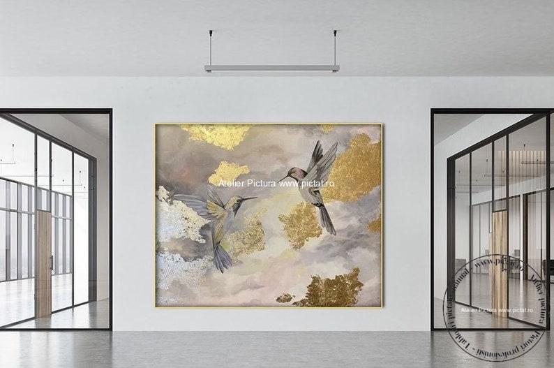 Tablou abstract peisaj natura cu pasari exotice