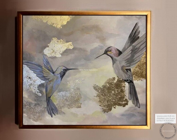 Tablou abstract peisaj natura cu pasari exotice
