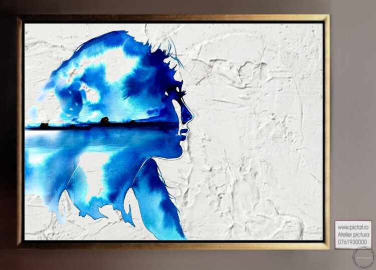 Tablouri pictate manual Tablou abstract portret, tablou albastru, tablou peisaj abstract