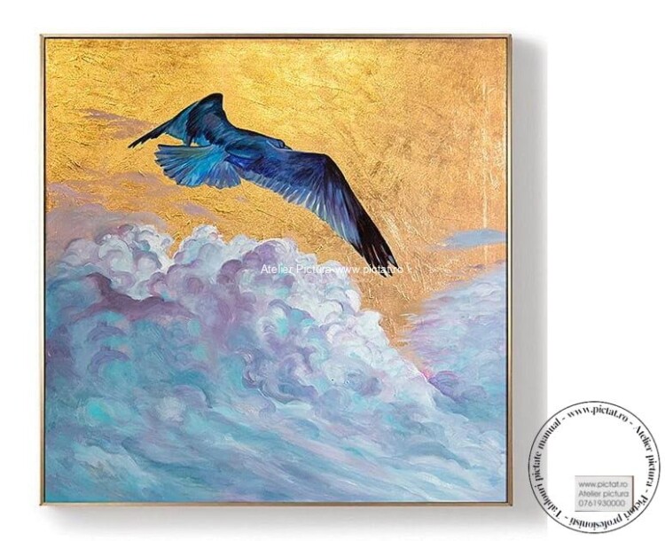 Tablou pictat manual Pasare in zbor, Tablou abstract modern, foita de aur
