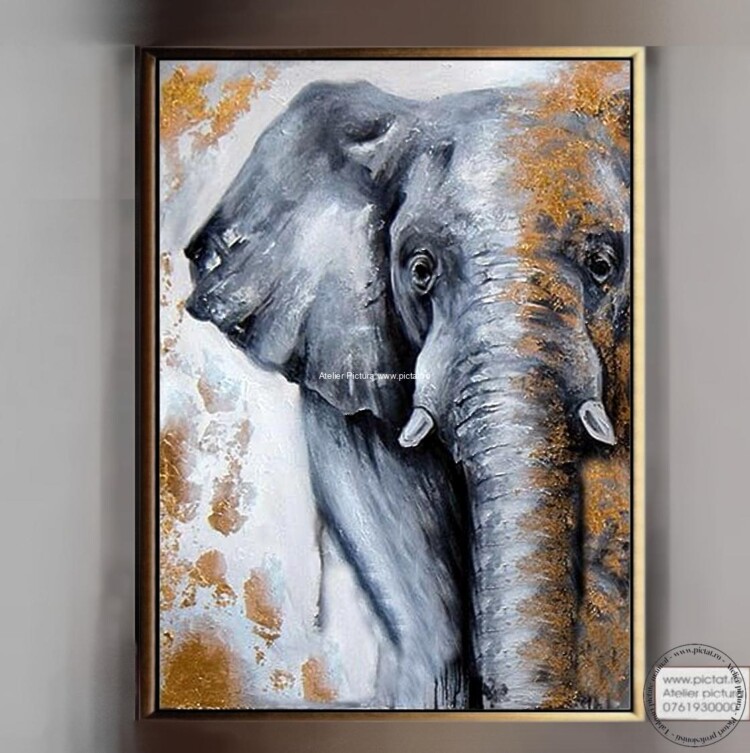 Tablou pictat manual Tablou abstract placat foita de aur Tablou cu elefant