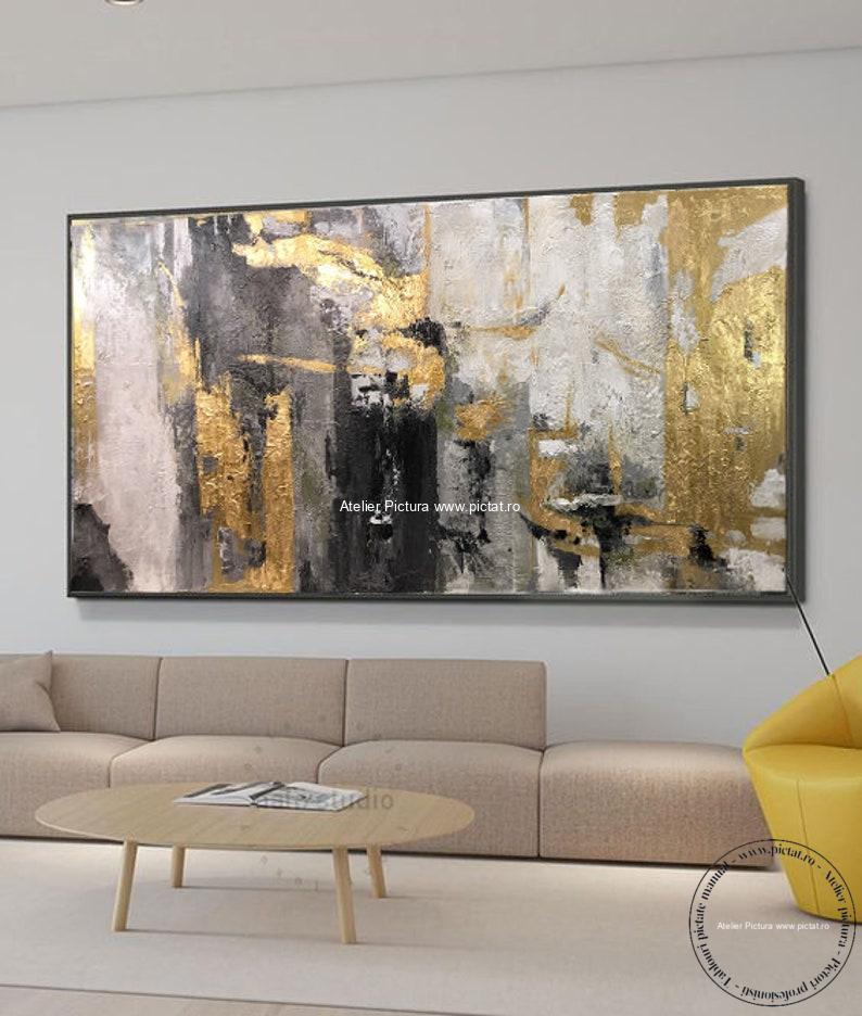 Tablouri pictate manual Tablou abstract placat cu foita aur, Tablou alb negru, Tablou auriu, tablouri sufragerie moderne, tablou sufragerie, tablou birou, Idei cadouri - imagine 7