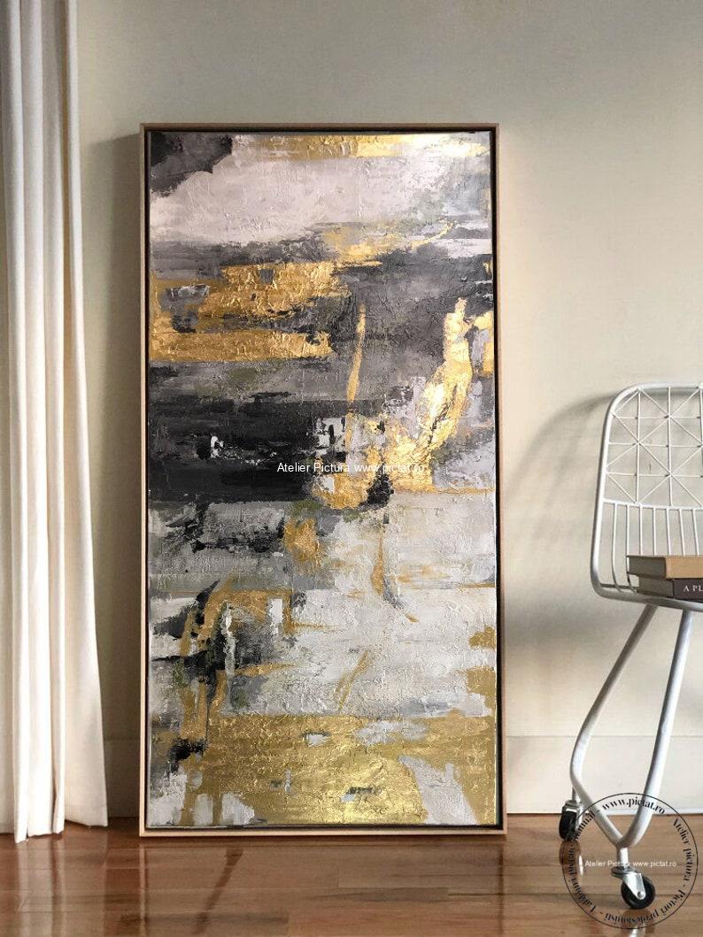 Tablouri pictate manual Tablou abstract placat cu foita aur, Tablou alb negru, Tablou auriu, tablouri sufragerie moderne, tablou sufragerie, tablou birou, Idei cadouri - imagine 2