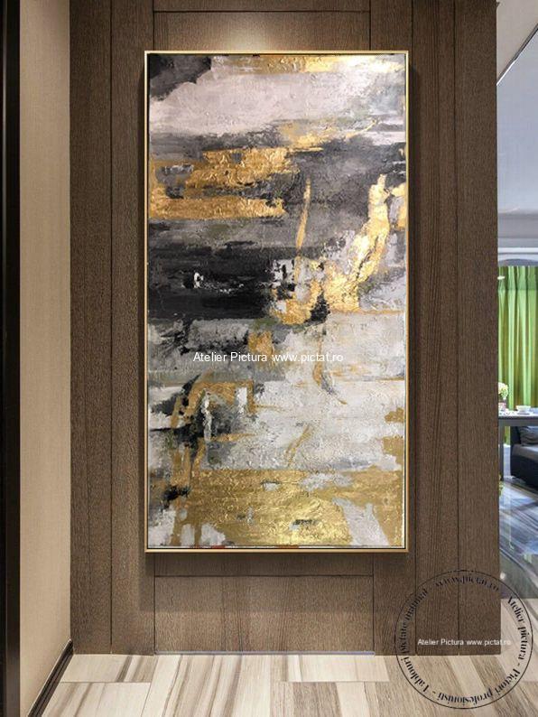 Tablouri pictate manual Tablou abstract placat cu foita aur, Tablou alb negru, Tablou auriu, tablouri sufragerie moderne, tablou sufragerie, tablou birou, Idei cadouri - imagine 5