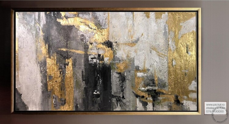 Tablouri pictate manual Tablou abstract placat cu foita aur, Tablou alb negru, Tablou auriu, tablouri sufragerie moderne, tablou sufragerie, tablou birou, Idei cadouri